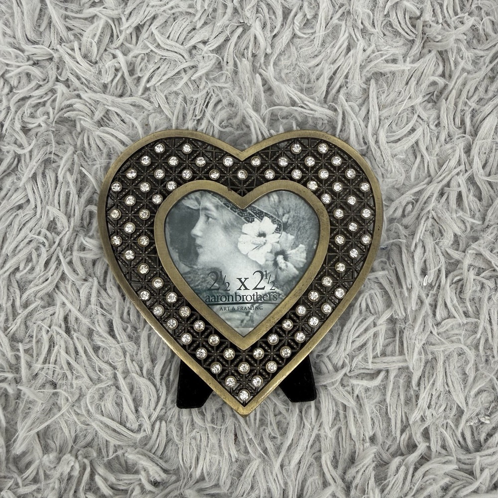 Heart Rhinestone Mini Frame 2.5x2.5 Antique Brass Jeweled Picture Frame